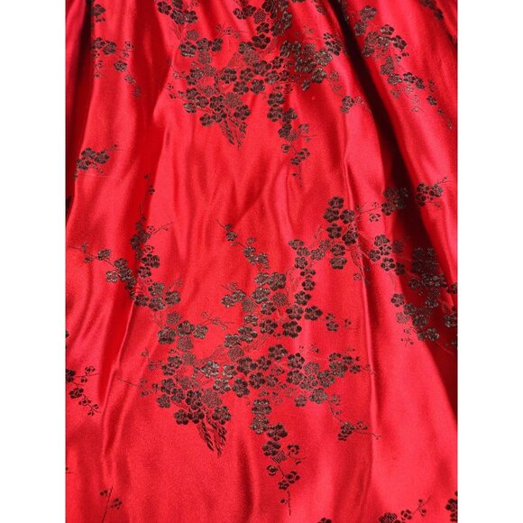 Y2K Red Halter Midi Oriental Asian Satin Feminine Prom Floral Jacquard Dress - L - Picture 4 of 11
